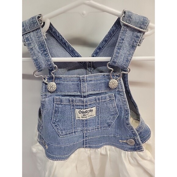 Vtg Osh Kosh Eyelet Lace Bib Overall Denim Dress 9 Months White Blue Cottagecore - Picture 10 of 13